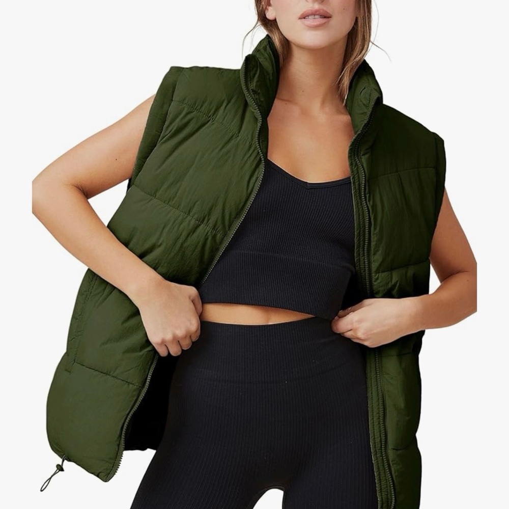 Quilted Sleeveless Puffer Vest in Olive Green